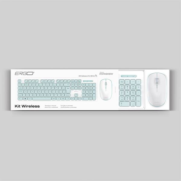 Kit Teclado e Mouse sem Fio, Wireless, Padrão ABNT2, Branco, KMW206W, Ergo - CX 1 UN