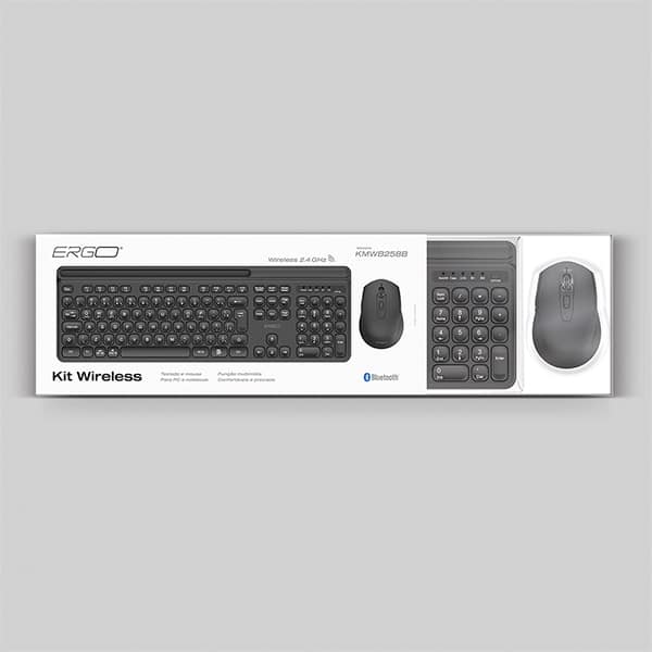 Kit Teclado e Mouse sem Fio, Wireless e Bluetooth, Padrão ABNT2, Preto, KMWB258B, Ergo - CX 1 UN