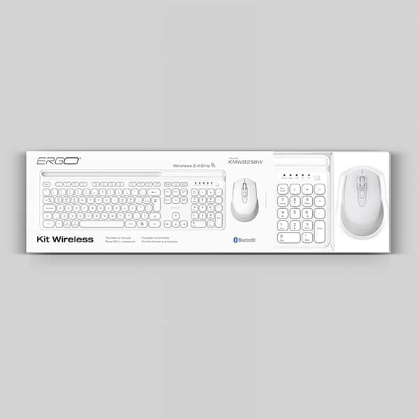 Kit Teclado e Mouse sem Fio, Wireless e Bluetooth, Padrão ABNT2, Branco, KMWB258W, Ergo - CX 1 UN