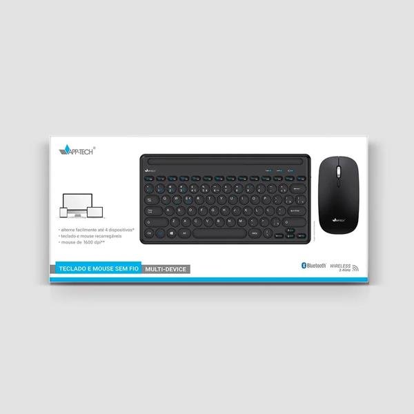 Kit Teclado e Mouse sem Fio Recarregável, Wireless e Bluetooth, Padrão ABNT2, Preto, KMWRB500, App-tech - CX 1 UN