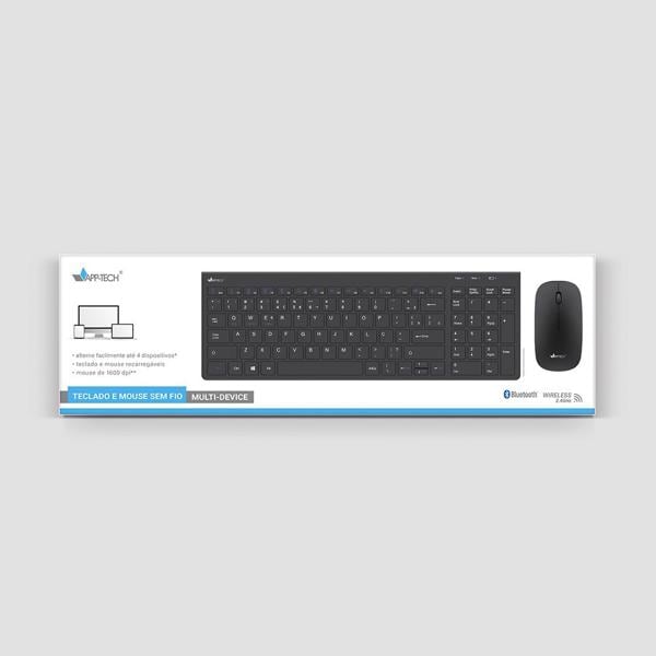 Kit Teclado e Mouse sem Fio Recarregável, Wireless e Bluetooth, Padrão ABNT2, Preto, KMWRB450 - APP-TECH - CX 1 UN