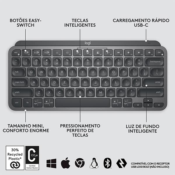 Teclado sem fio MX Keys Mini, Grafite, 920-010505, Logitech - CX 1 UN