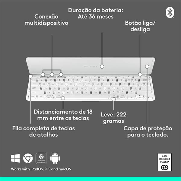 Teclado sem fio Logitech Keys-To-Go-2, Conexão Bluetooth, Branco, Capa de proteção, Pilha inclusa - CX 1 UN