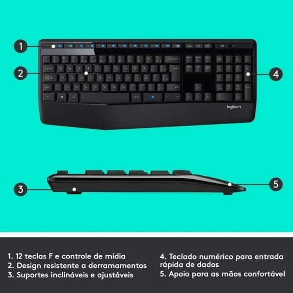 Combo Teclado e Mouse sem fio Logitech MK345 com Teclado com Apoio para as Mãos e Mouse Destro, Conexão USB, Pilhas Inclusas e Layout ABNT2 CX 1 UN