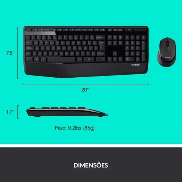 Combo Teclado e Mouse sem fio Logitech MK345 com Teclado com Apoio para as Mãos e Mouse Destro, Conexão USB, Pilhas Inclusas e Layout ABNT2 CX 1 UN