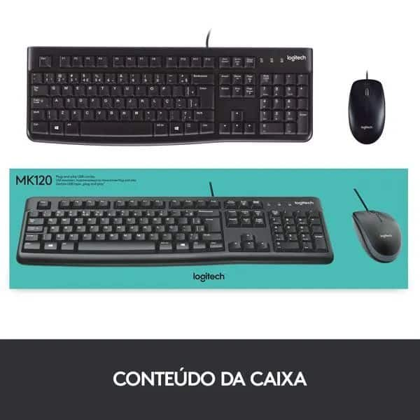 Combo Teclado e Mouse com fio USB Logitech MK120 com Design Confortável, Durável e Resistente à Respingos, USB e Layout ABNT2 CX 1 UN