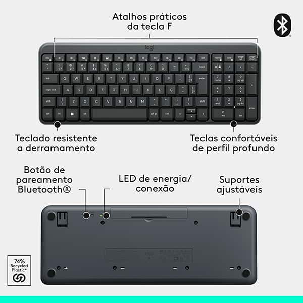 Teclado Sem Fio Logitech K250 Bluetooth com Conectividade Rápida e Fácil, Design Compacto, Teclado Numérico, Layout ABNT2, Teclas Resistentes a Derramamentos, Compatível com PC e Mac - Grafite CX 1 UN Teclado Sem Fio Logitech K250 Bluetooth com Conectividade Rápida e Fácil, Design Compacto, Teclado Numérico, Layout ABNT2, Teclas Resistentes a Derramamentos, Compatível com PC e Mac - Grafite CX 1 UN