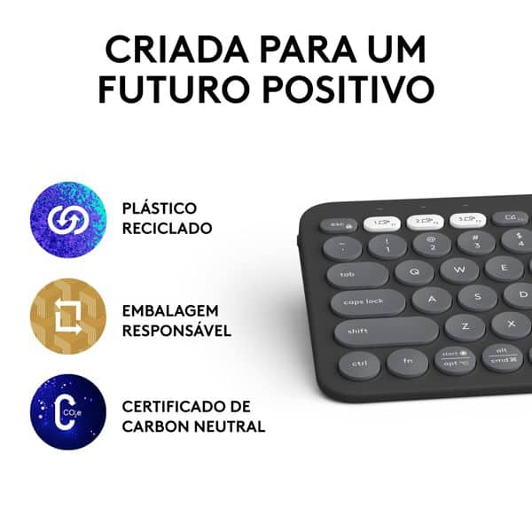 Teclado sem fio Logitech Pebble Keys 2 K380s com Conexão Bluetooth e USB Logi Bolt, Easy-Switch para até 3 dispositivos e Pilha Inclusa- Grafite CX 1 UN