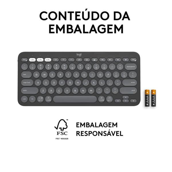 Teclado sem fio Logitech Pebble Keys 2 K380s com Conexão Bluetooth e USB Logi Bolt, Easy-Switch para até 3 dispositivos e Pilha Inclusa- Grafite CX 1 UN