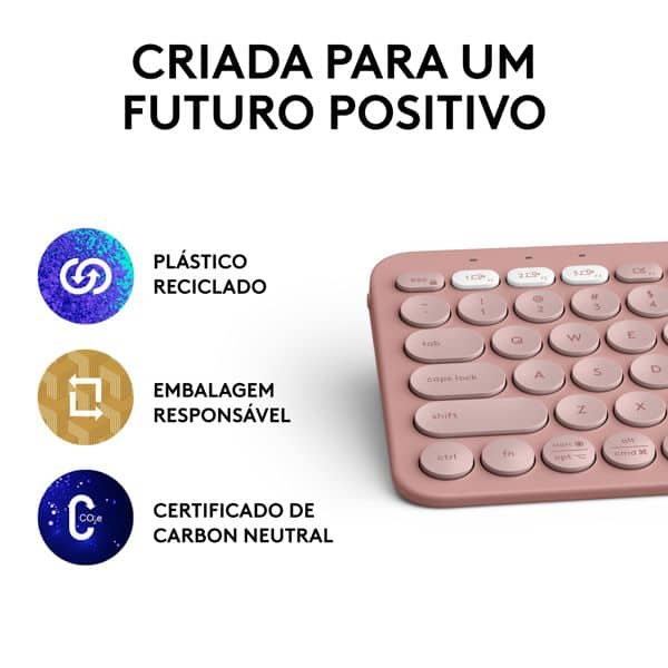 Teclado sem fio Logitech Pebble Keys 2 K380s com Conexão Bluetooth e USB Logi Bolt, Easy-Switch para até 3 dispositivos e Pilha Inclusa- Rosa CX 1 UN