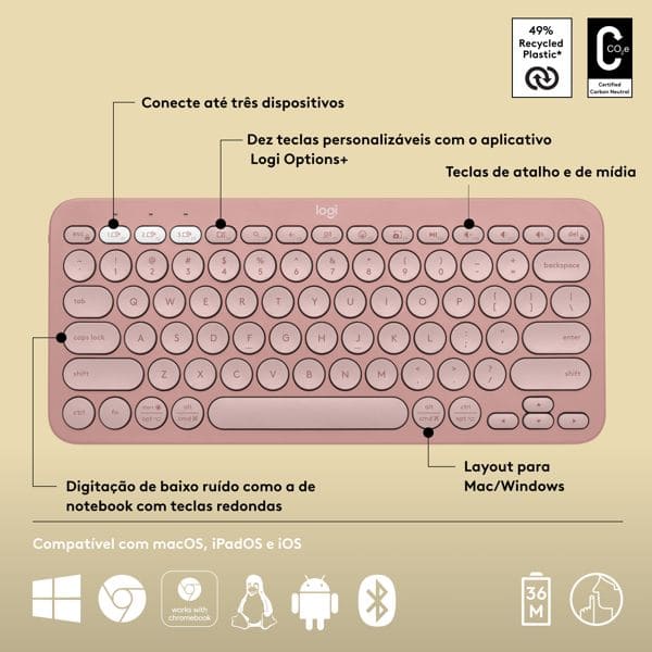 Teclado sem fio Logitech Pebble Keys 2 K380s com Conexão Bluetooth e USB Logi Bolt, Easy-Switch para até 3 dispositivos e Pilha Inclusa- Rosa CX 1 UN