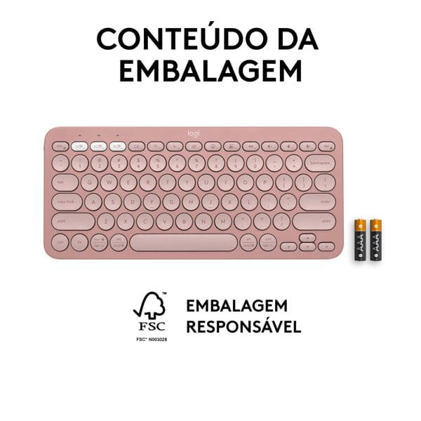 Teclado sem fio Logitech Pebble Keys 2 K380s com Conexão Bluetooth e USB Logi Bolt, Easy-Switch para até 3 dispositivos e Pilha Inclusa- Rosa CX 1 UN