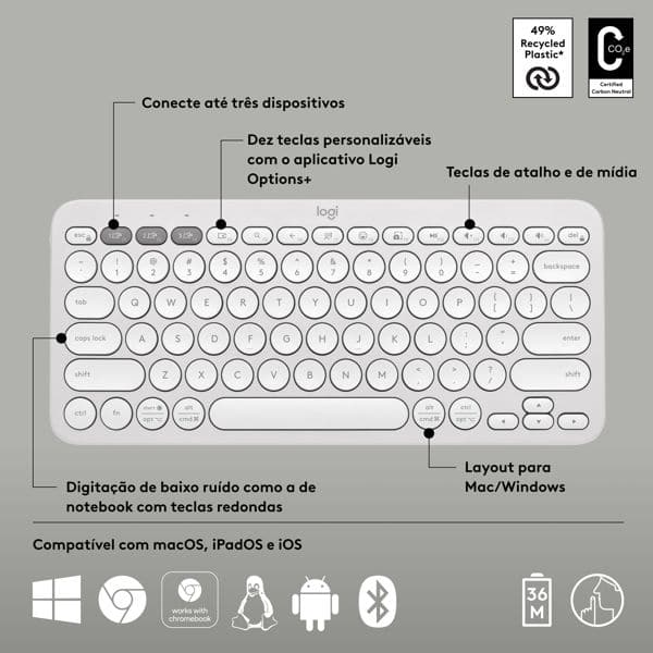 Teclado sem fio Logitech Pebble Keys 2 K380s com Conexão Bluetooth e USB Logi Bolt, Easy-Switch para até 3 dispositivos e Pilha Inclusa- Branco CX 1 UN