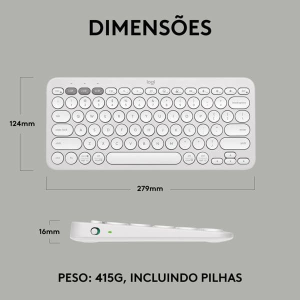 Teclado sem fio Logitech Pebble Keys 2 K380s com Conexão Bluetooth e USB Logi Bolt, Easy-Switch para até 3 dispositivos e Pilha Inclusa- Branco CX 1 UN