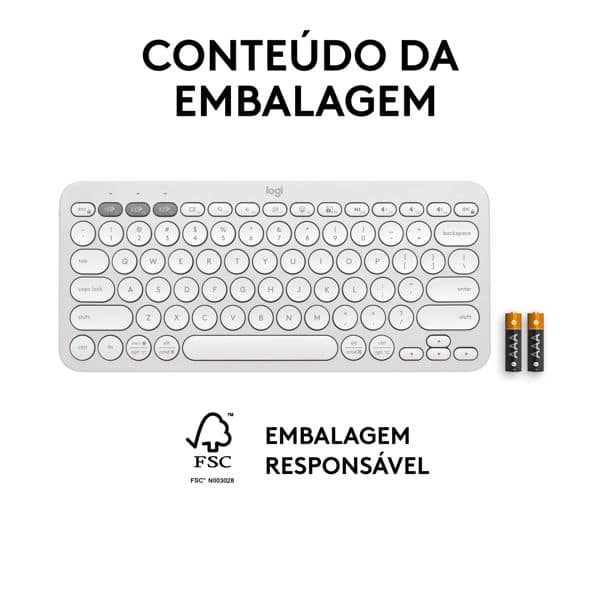 Teclado sem fio Logitech Pebble Keys 2 K380s com Conexão Bluetooth e USB Logi Bolt, Easy-Switch para até 3 dispositivos e Pilha Inclusa- Branco CX 1 UN