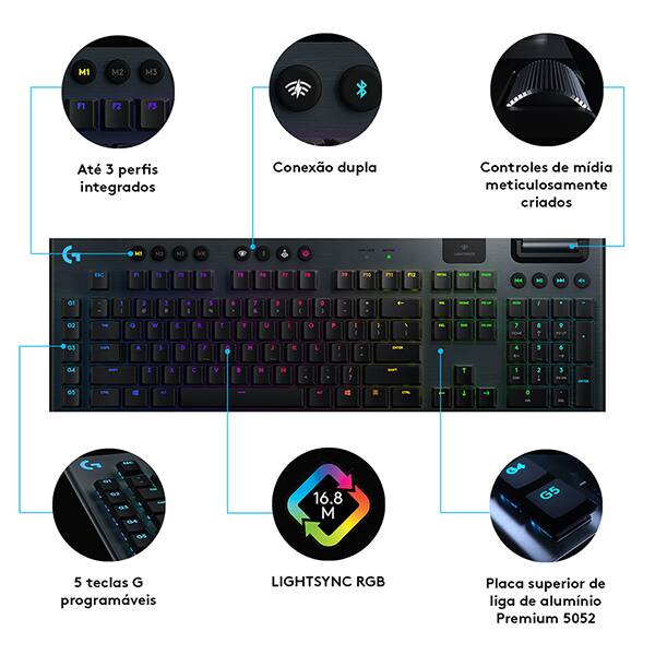 Teclado Mecânico Gamer sem fio G915 Lightspeed, RGB, LIGHTSYNC, USB ou Bluetooth, 920-008902, Logitech G - CX 1 UN