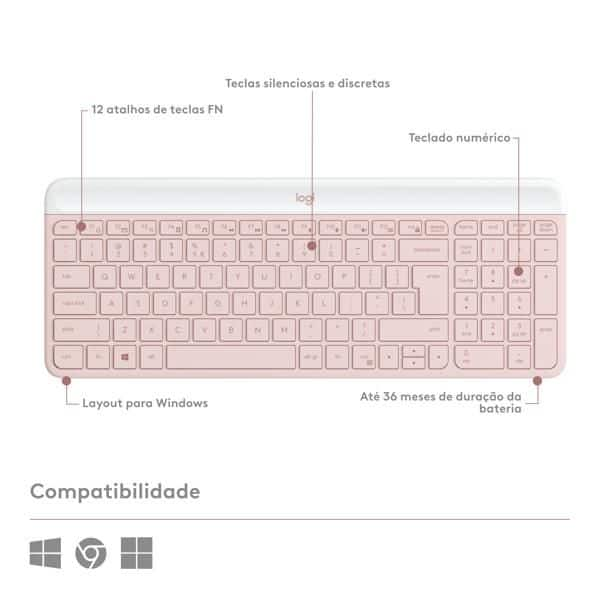 Combo Teclado e Mouse sem fio Logitech MK470 com Design Slim, Digitação e Clique Silencioso, Conexão USB e Pilhas Inclusas - Rosa CX 1 UN