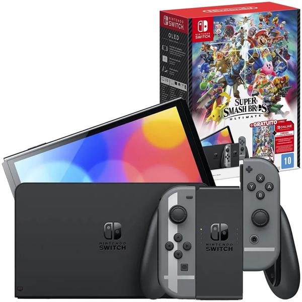 Console Nintendo Switch OLED, Tela de 7 polegadas, 64GB de Armazenamento, Bivolt, Cinza, Edição Super Smash Bros Ultimate, L656975B, Nintendo - CX 1 UN