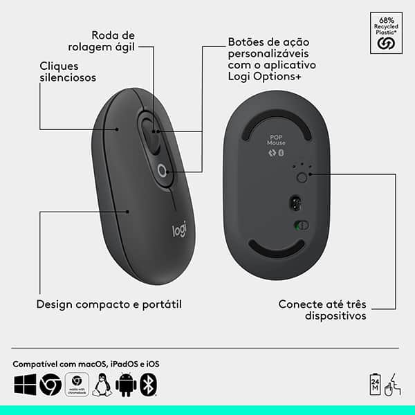 Combo Teclado e Mouse sem fio Logitech POP Icon Grafite, Teclas e Botões Personalizáveis, Clique Silencioso, Easy-Switch para até 3 dispositivos e Conexão Bluetooth - 920-013056 CX 1 UN