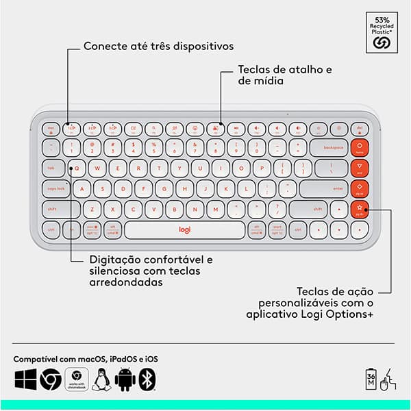 Combo Teclado e Mouse sem fio Logitech POP Icon Branco, Teclas e Botões Personalizáveis, Clique Silencioso, Easy-Switch para até 3 dispositivos e Conexão Bluetooth - 920-013056 CX 1 UN