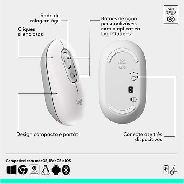 Combo Teclado e Mouse sem fio Logitech POP Icon Branco, Teclas e Botões Personalizáveis, Clique Silencioso, Easy-Switch para até 3 dispositivos e Conexão Bluetooth - 920-013056 CX 1 UN