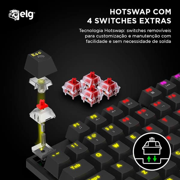 Teclado Gamer Mecânico ELG Saiph, Hotswap, Switch Vermelho, ABNT2, USB, TGSP, ELG - CX 1 UN