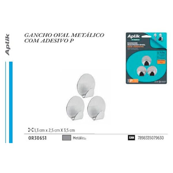 Gancho adesivo oval pequeno metálico Aplik OR30651 Ordene BT 3 UN Gancho adesivo oval pequeno metálico Aplik OR30651 Ordene BT 3 UN