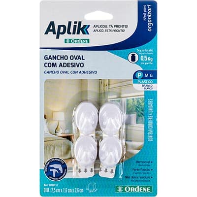 Gancho adesivo oval pequeno branco Aplik OR30111 Ordene BT 4 UN