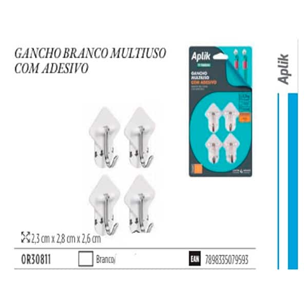 Gancho adesivo multiuso pequeno branco Aplik OR30811 Ordene BT 4 UN