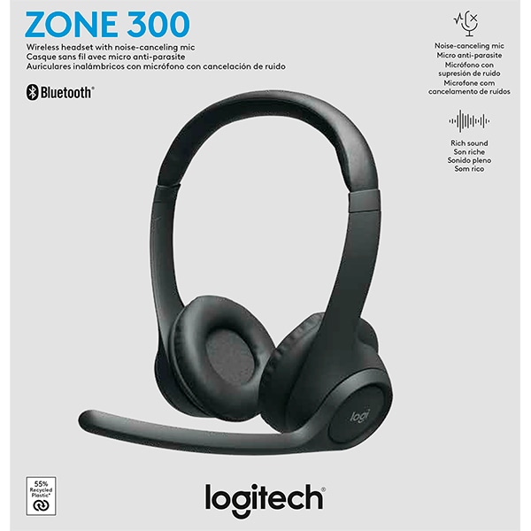 Headset Sem Fio Logitech Zone 300 Com Microfone com Cancelamento de Ruído, Conexão Bluetooth, Bateria Recarregável via USB-C - Grafite CX 1 UN