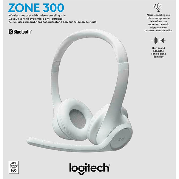 Headset Sem Fio Logitech Zone 300 Com Microfone com Cancelamento de Ruído, Conexão Bluetooth, Bateria Recarregável via USB-C - Branco CX 1 UN