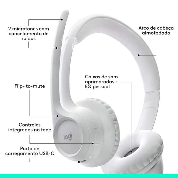 Headset Sem Fio Logitech Zone 300 Com Microfone com Cancelamento de Ruído, Conexão Bluetooth, Bateria Recarregável via USB-C - Branco CX 1 UN