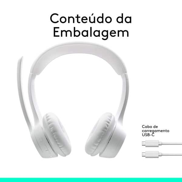 Headset Sem Fio Logitech Zone 300 Com Microfone com Cancelamento de Ruído, Conexão Bluetooth, Bateria Recarregável via USB-C - Branco CX 1 UN