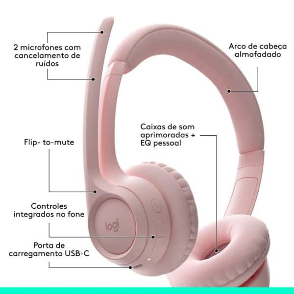 Headset Sem Fio Logitech Zone 300 Com Microfone com Cancelamento de Ruído, Conexão Bluetooth, Bateria Recarregável via USB-C - Rosa CX 1 UN