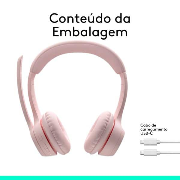 Headset Sem Fio Logitech Zone 300 Com Microfone com Cancelamento de Ruído, Conexão Bluetooth, Bateria Recarregável via USB-C - Rosa CX 1 UN