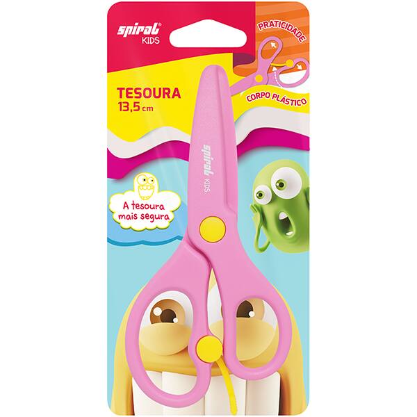 Tesoura escolar corpo plástico, 13cm, Rosa, Spiral Kids - BT 1 UN