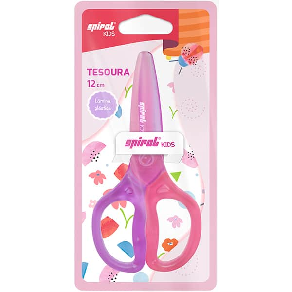 Tesoura escolar corpo plástico, 12cm, Rosa e Roxo, Spiral Kids - BT 1 UN