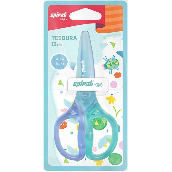 Tesoura escolar corpo plástico, 12cm, Azul e Verde, Spiral Kids - BT 1 UN