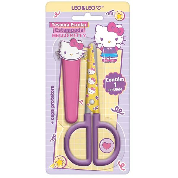 Tesoura escolar Hello Kitty com Protetor, 10cm, 10188, Leonora - BT 1 UN Tesoura escolar Hello Kitty com Protetor, 10cm, 10188, Leonora - BT 1 UN