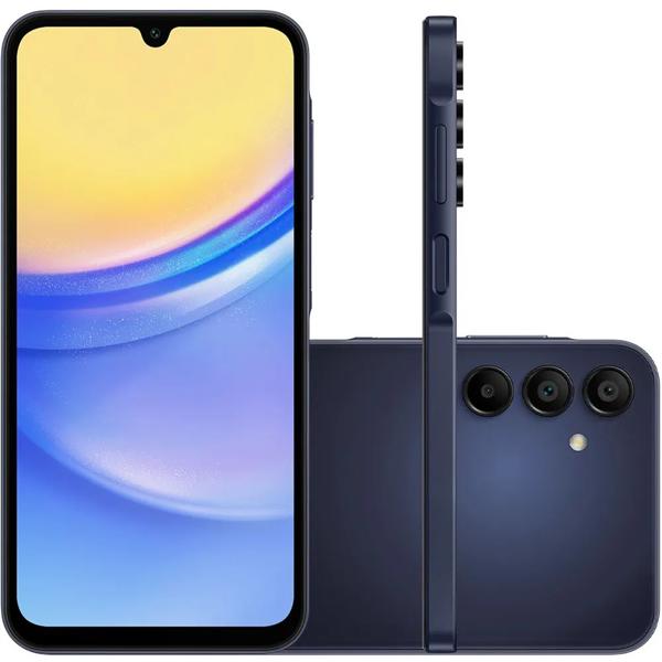 Smartphone Galaxy A15 Android 14, 256GB de Armazenamento, Câmera Selfie de 13MP, Câmera Tripla Traseira 50MP + 5MP + 2MP, Tela Infinita de 6.5", Dual Chip, Azul Escuro, Samsung - CX 1 UN