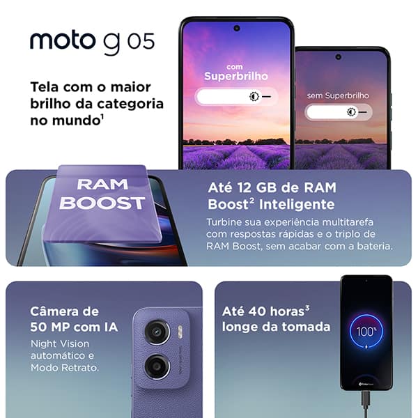 Smartphone Moto G05, Android 15, 128GB de Armazenamento, Câmera Frontal de 8MP, Câmera Traseira 50MP, Tela 6.7", Cinza, Motorola - CX 1 UN