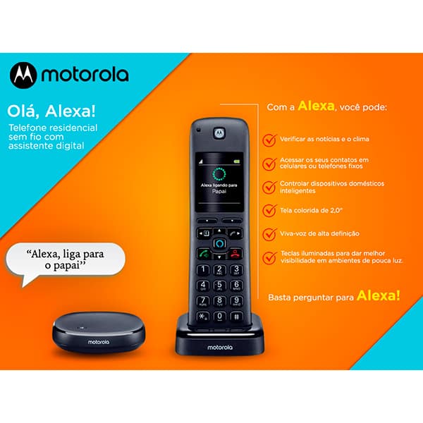 Telefone sem fio Dect 6.0 com Identificador de Chamadas e Alexa integrada, AXH01, Preto, Motorola - CX 1 UN Telefone sem fio Dect 6.0 com Identificador de Chamadas e Alexa integrada, AXH01, Preto, Motorola - CX 1 UN