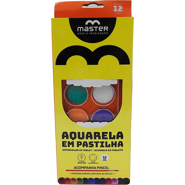 Tinta Aquarela em Pastilha, com Pincel, 12 Cores, Master - CX 1 UN