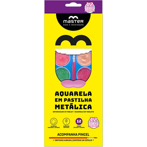 Tinta Aquarela 12 cores metálicas com pincel, EAQMEIV, Master - CX 1 UN