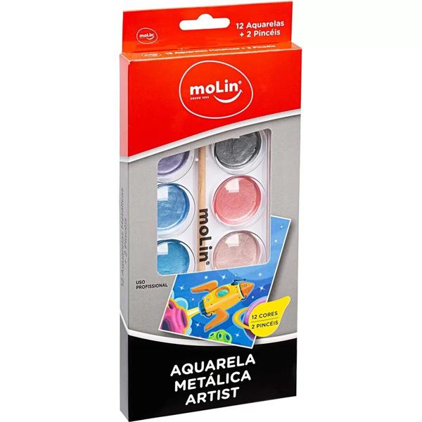 Aquarela 12 cores metálicas em pastilha + 2 pincéis 18386 Molin CX 1 UN