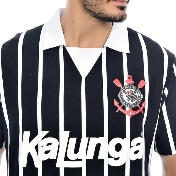 Camisa Corinthians Retrô 1990 Kalunga, Polo Listrada, Fio Tinto, Tamanho G, 30414, Corinthians - PT 1 UN