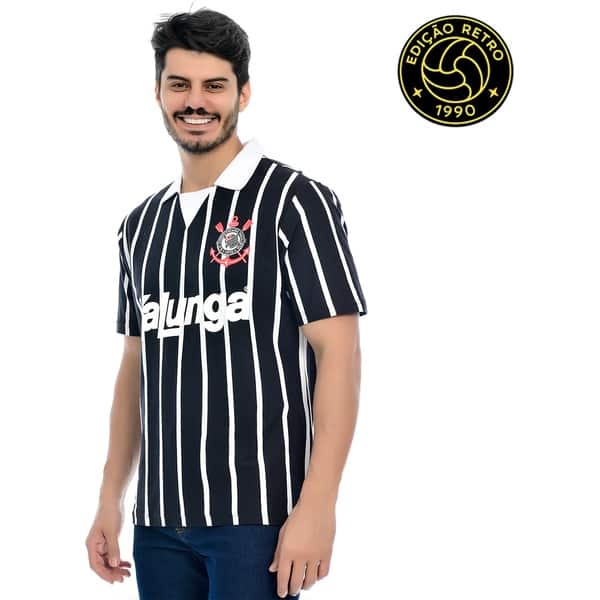 Camisa Corinthians Retrô 1990 Kalunga, Polo Listrada, Fio Tinto, Tamanho GG, 30414, Corinthians - PT 1 UN