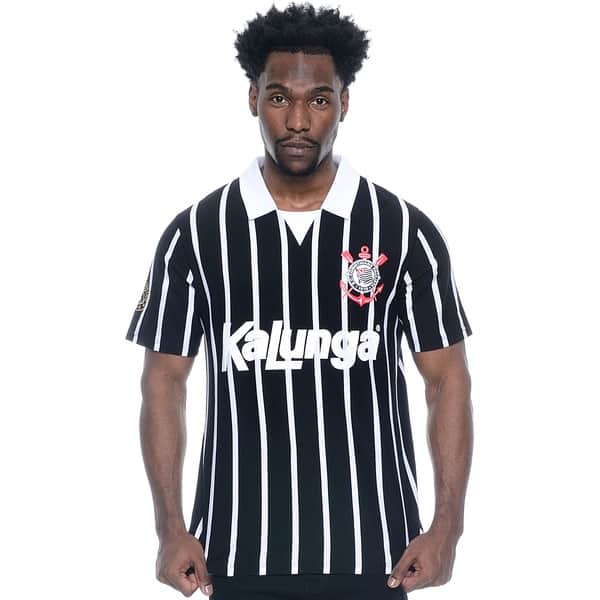 Camisa Corinthians Retrô 1990 Kalunga, Número 10, Polo Listrada, Fio Tinto, Tamanho P, 33575, Corinthians - PT 1 UN