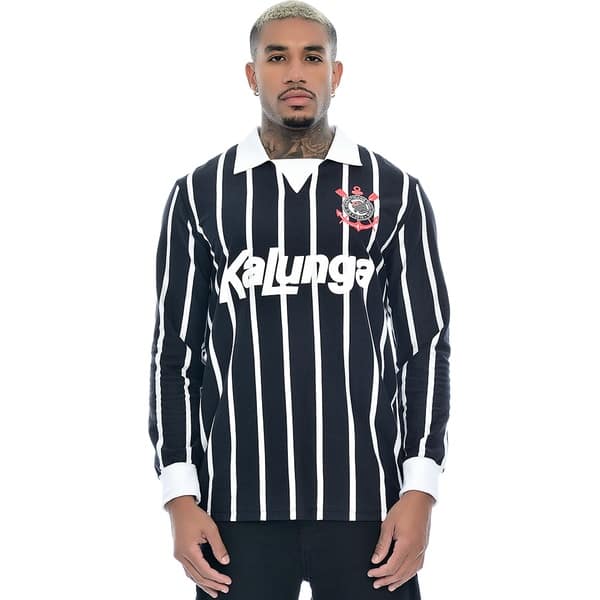 Camisa Corinthians Retrô 1990 Kalunga, Polo Manga Longa Listrada, Fio Tinto, Tamanho P, 33044, Corinthians - PT 1 UN Camisa Corinthians Retrô 1990 Kalunga, Polo Manga Longa Listrada, Fio Tinto, Tamanho P, 33044, Corinthians - PT 1 UN