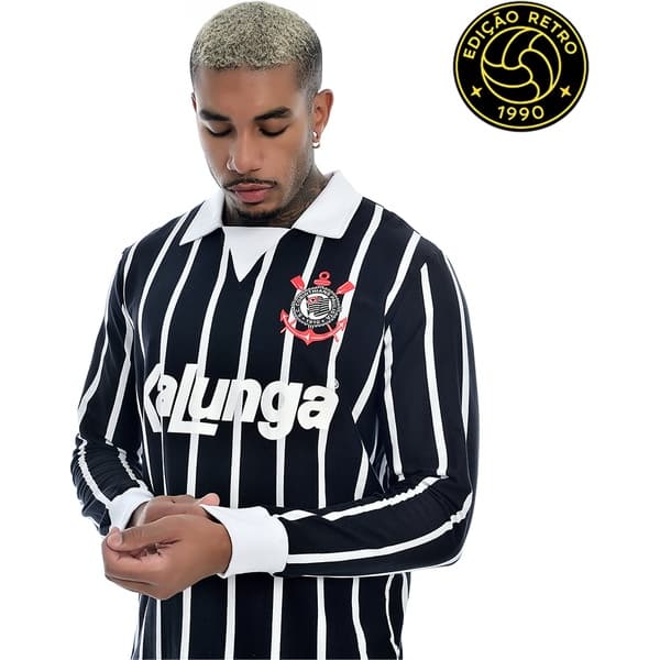 Camisa Corinthians Retrô 1990 Kalunga, Polo Manga Longa Listrada, Fio Tinto, Tamanho G, 33044, Corinthians - PT 1 UN Camisa Corinthians Retrô 1990 Kalunga, Polo Manga Longa Listrada, Fio Tinto, Tamanho G, 33044, Corinthians - PT 1 UN